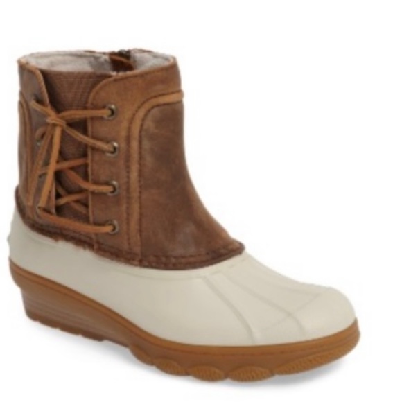 SPERRY 12M Saltwater Spray Wedge Waterproof Rain Duck Boots Ivory Brown Quarter - Picture 3 of 15